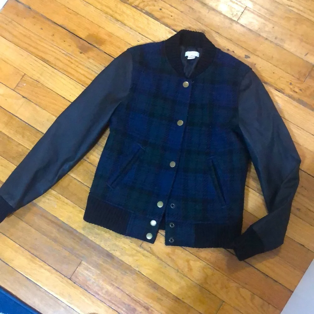 J. Crew wool plaid and faux leather bomber jacket